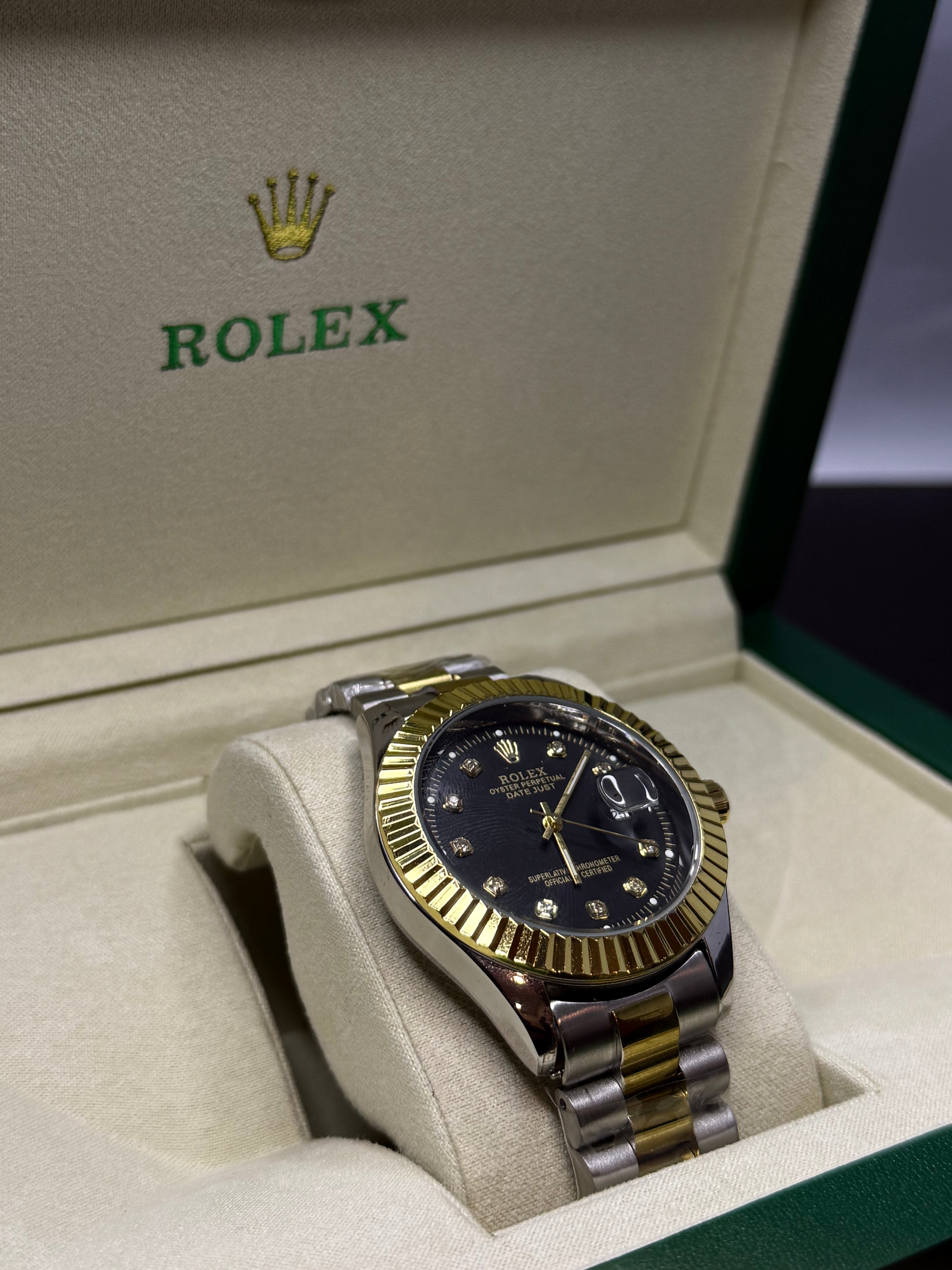 Rolex Silver & Gold Dual-Tone Watch – Black Dial Edition - SheikhStore