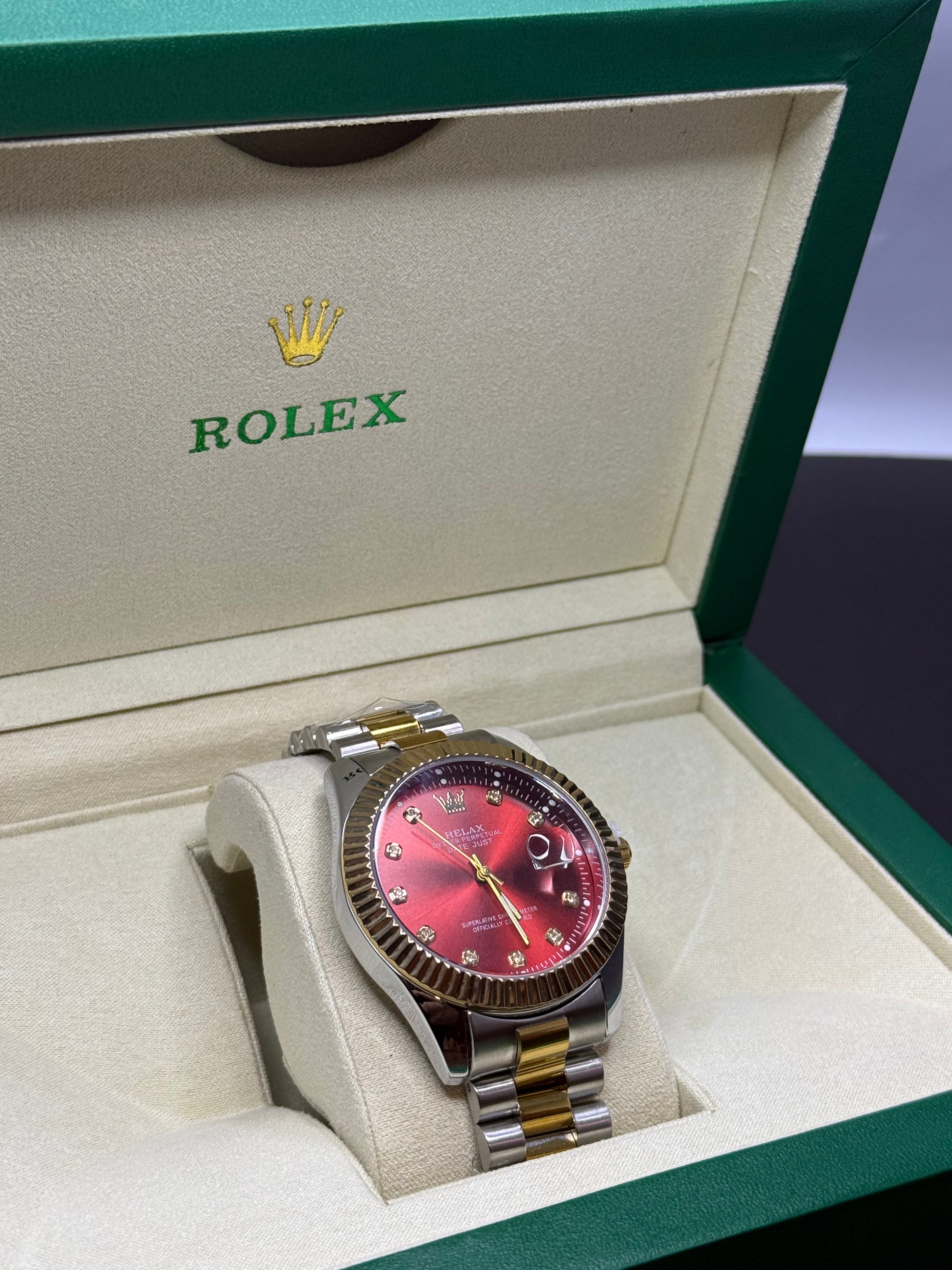 Rolex Two-Tone Silver & Gold Watch – Red Dial Statement Edition - SheikhStore