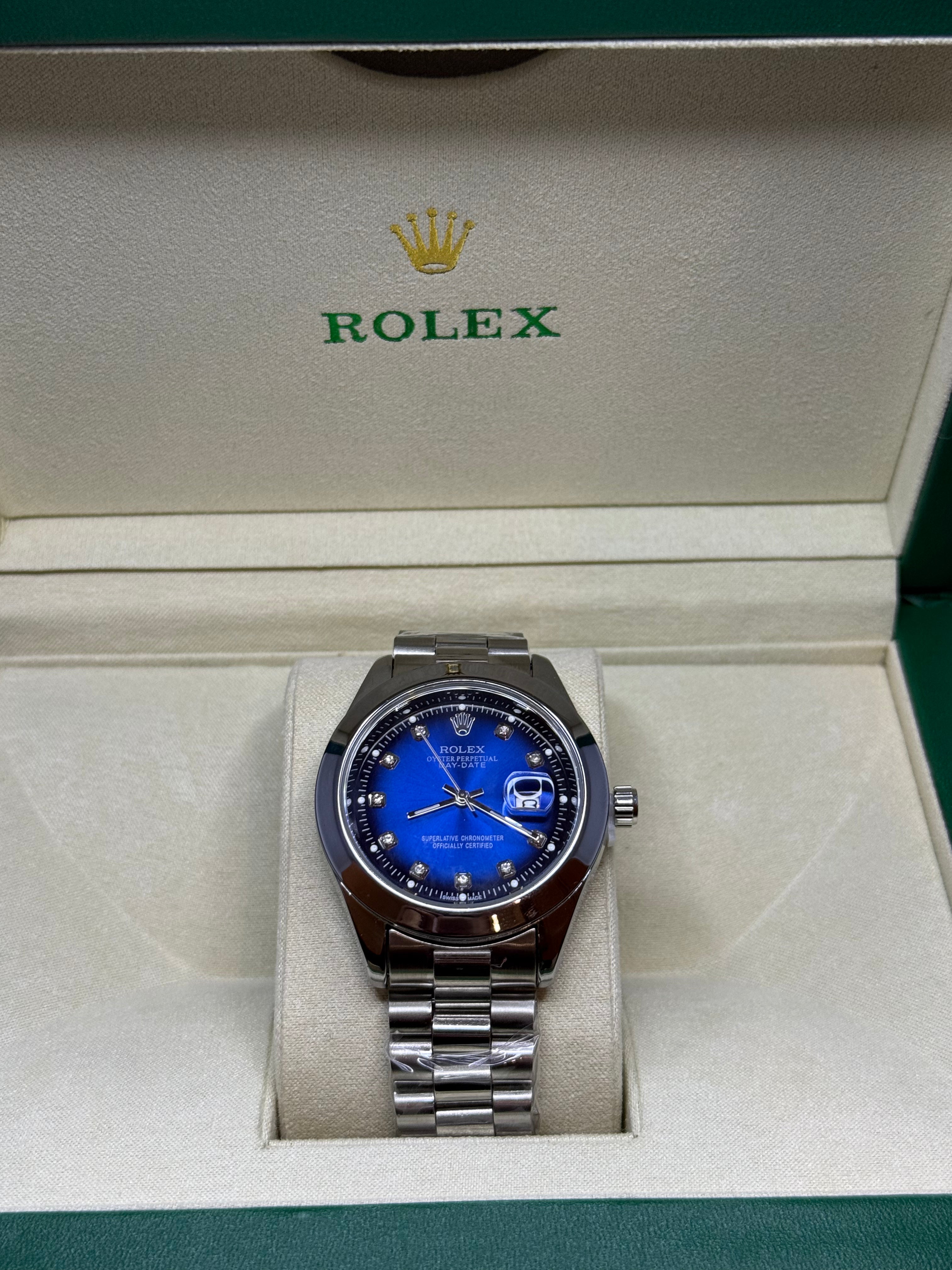 Rolex Silver Steel Day-Date Watch – Blue Dial Edition - SheikhStore