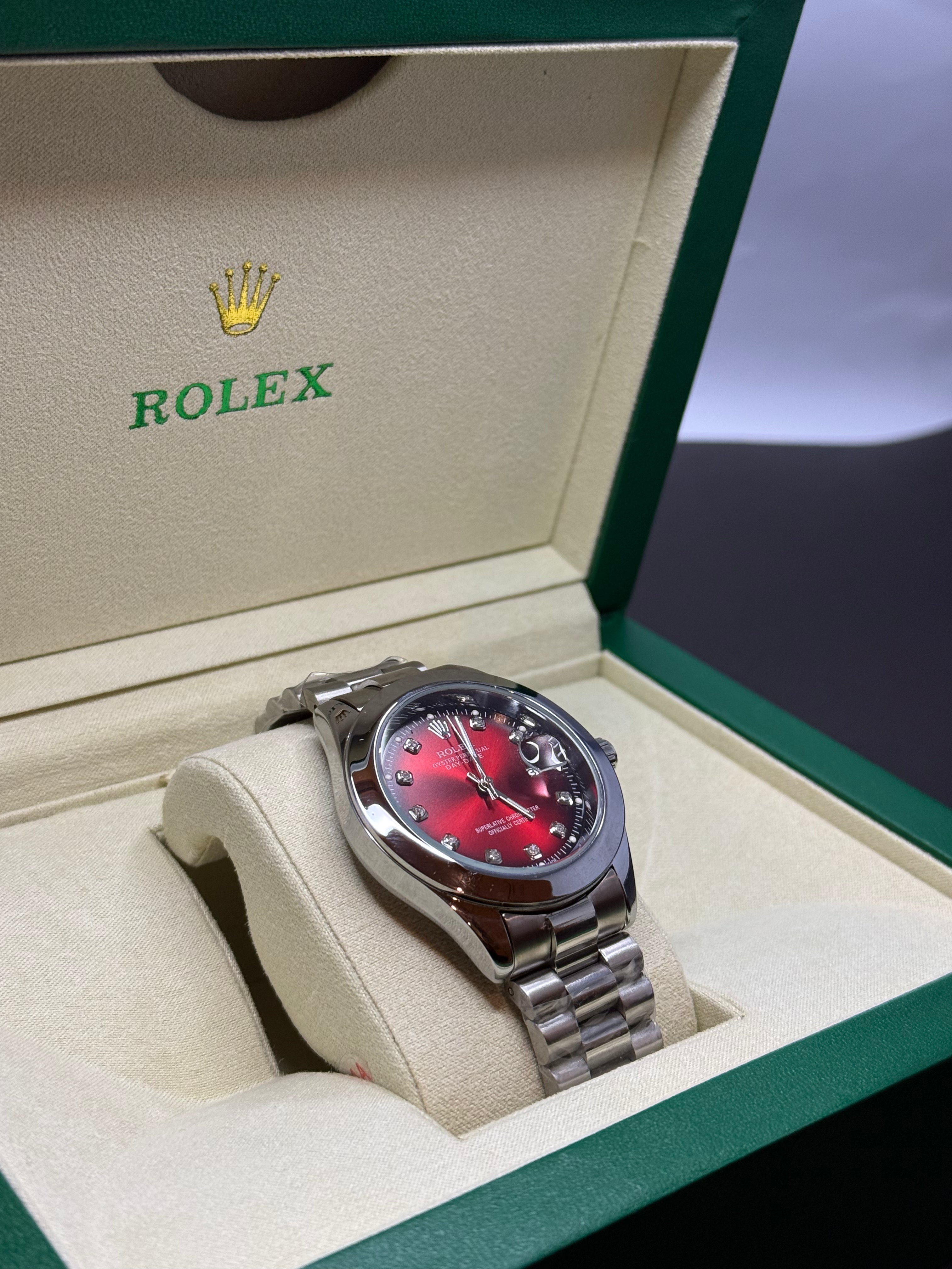 Rolex Silver Case – Red Dial Luxury Watch - SheikhStore